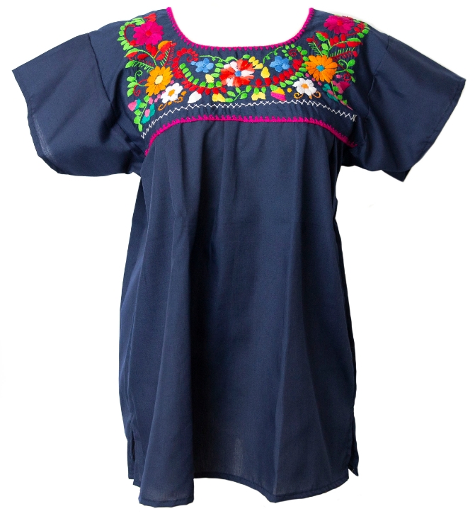 Mexican Embroidered Pueblo Blouse - Navy Blue